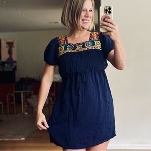 Johnny Was Size Small Navy Blue Embroidered Women's Floral Dress or Tunic Short